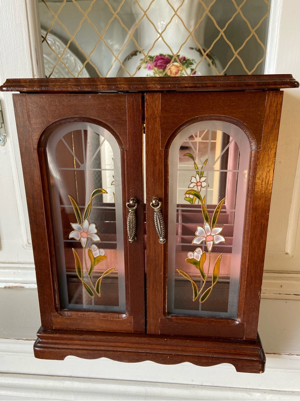 VTG Stained Glass Mirrored Wooden Jewelry Chest Box Trinket Organizer 80s Powell